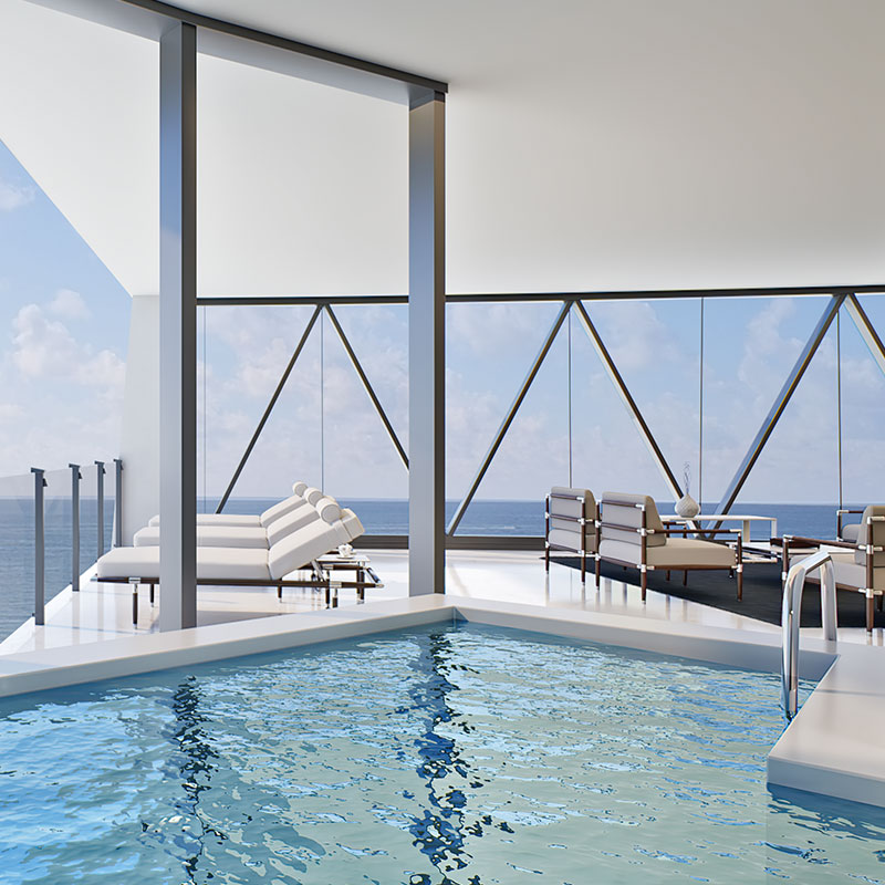 Bentley Residences private balcony pool with raised sundeck and panoramic ocean views