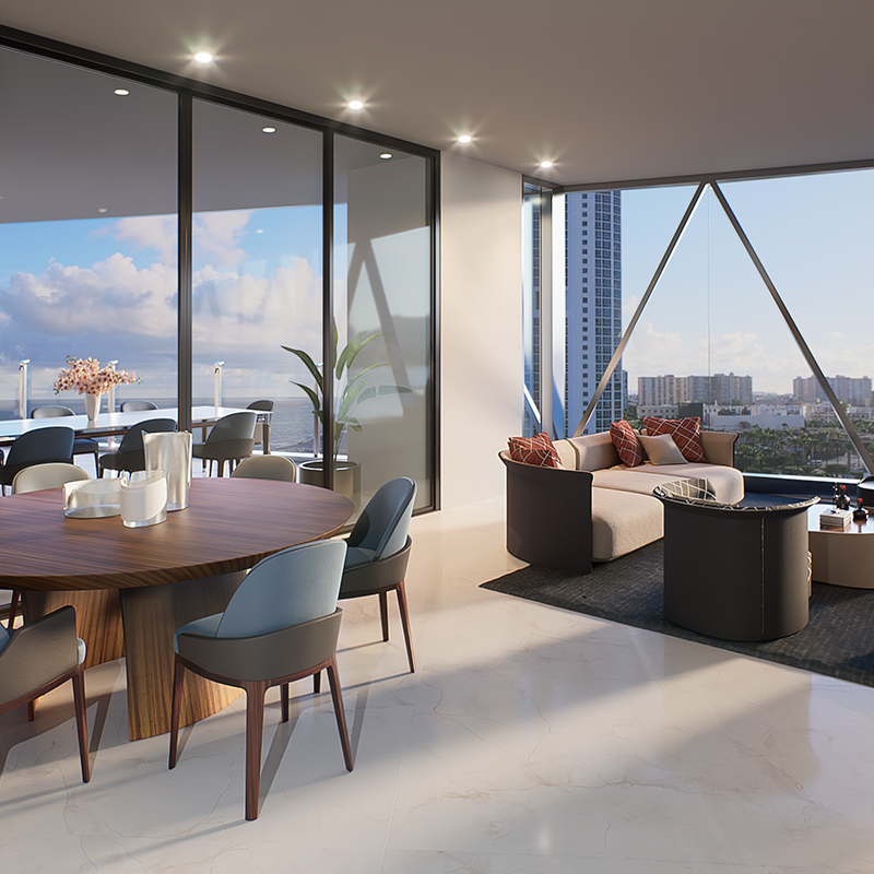 Bentley Residences west unit great room with Intracoastal Waterway views and contemporary interior design