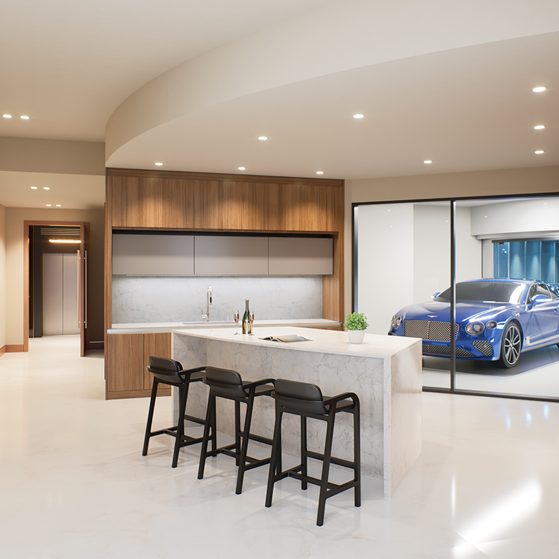 Bentley Residences west unit kitchen with Italian cabinetry and premium appliances